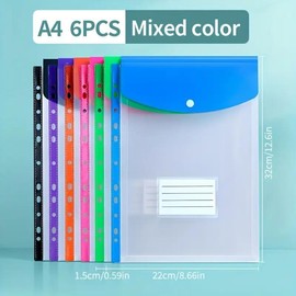 A4 Clear File Folder, 6 Counts/set High Capacity File Bag with 11 Holes Binding Ring, Portable Design File Storage Bag for School, Home, Office, Paper Organizers, Office Supplies:_Multicolor_Horizontal-6 Counts