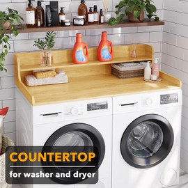 SpaceAid Washer Dryer Countertop with 2-Tier Shelf, Wood Topper with Edge, 54" Width x 27.5" Depth Cover Organizer Guard for Washer and Dryer Counter Laundry Hamper Storage (Maple Wood)
