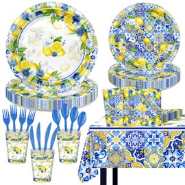 Lecheme 169 Pcs Capri Lemon Party Decorations Amalfi Coast Lemon Party Supplies Serve 24 Summer Mediterranean Tableware Set Lemon Plates Napkins Tablecloth for Birthday Bridal Shower