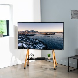 VIVO Rolling Artistic 43 to 75 inch LED LCD Screen Mobile Studio TV Easel Stand, Wood Accessory Shelf, Adjustable TV Mount with 4 Walnut Legs, Black Frame, STAND-TV75R