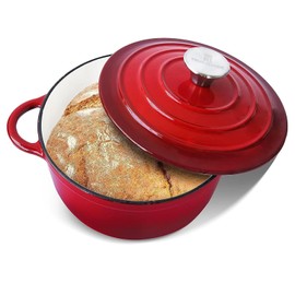 Trustmade 4.5 QT Cast Iron Dutch Oven, Enamel Coated Cookware Pot with Self Basting Lid for Home Baking, Braiser, Cooking, Red