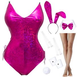 Womens Bunny Costume Girl Bodysuit Holographic Shining Suit Sparkle Costume Senpai Cosplay Bodysuit One Piece stockings Set(XL Purple)