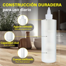 U Chef Botella Exprimible para Condimentos, Botella de Plástico para Salsa, Botellas Exprimibles de 16 onzas con Tapa Giratoria a Prueba de Fugas, para Mostaza, Jarabe, Salsas, Aderezo, Aceite, Artes