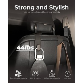 MAKENDO 4 Pack Car Headrest Hooks, Car Seat Organizer with PU Leather & Stainless Steel Up to 44 lbs, Car Seat Back Hook for Purse/Bags