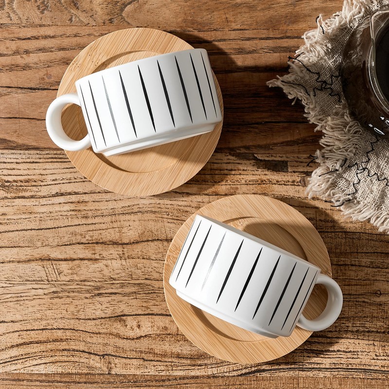 LUKA 6 Ounce Porcelain Stackable Espresso Cups with Saucers and