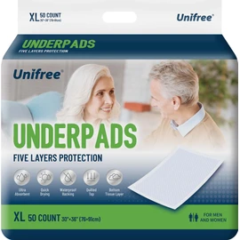 Unifree Disposable Underpads, Bed Pads, Incontinence Pad, Super Absorbent, 50 Count, Blue (XL 30x36 Inch)