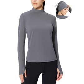 BALEAF Thermal Long Sleeve Shirts for Women Turtleneck Base Layer Underwear Top Warm Fleece Winter Clothes with Neck Gaiter Grey L