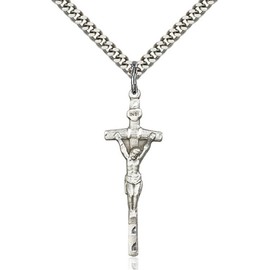 Bonyak Jewelry Saint Medal Collection Sterling Silver Papal Crucifix Pendant 1 3/8 x 1/2 inches with Heavy Curb Chain