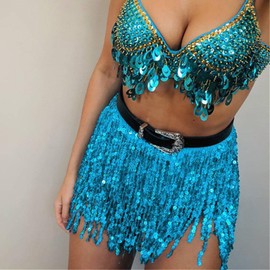 Clataly Belly Dance Sequin Skirt, Napa Hip Scarf, Strapless Wrap Skirt, Carnival Dress (Blue Lake)