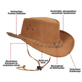 URBAN 5884 Cowboy Hat Genuine Leather Suede Western Hat Made of Cowhide Leather with Adjustable Brim and Chin Strap, tan, M