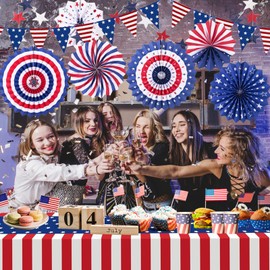 9PCS 4th of July Decorations Red White and Blue Paper Fans, USA Pennant Bunting, Star Streamers, Patriotic Tablecloth for Fourth of July Party Supplies, Memorial Day Veterans Day Patriotic Decor