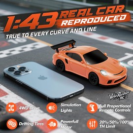 VoleRusher RC 1/43 Scale Mini RC Drift Car with Gyroscope - Micro Small with Full Proportional RTR 2.4GHz Remote 2 Tire Sets 8 Cones, High Speed Desk with LED Lights - Orange