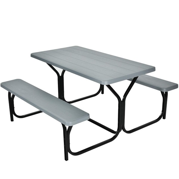 Giantex Picnic Table Bench Set Outdoor Camping All Weather Metal Base Wood-Like Texture Backyard Poolside Dining Party Garden Patio Lawn Deck Furniture Large Camping Picnic Tables for Adult (Gray)