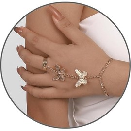 Hand Chain Bracelet for Women,Butterfly Finger Ring Bracelet Stackable finger chain with integrated fingers (Golden, One Size)