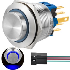 UL Certification 25MM Momentary Push Button Switch High Round Head 2NO2NC DPDT/SPDT Stainless Steel Shell with 12V LED Angel Eye Ring Suitable for 0.98" Mounting Hole (Blue, High Head)