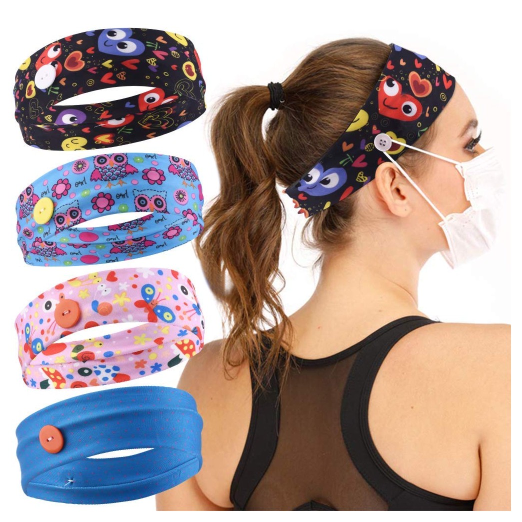Brishow Button Headband Facemask Holder Wide Head Wrap Cotton Hairband Hair Accessory for Women and Girls Protect Ears with Hair Accessories(Pack of 4)