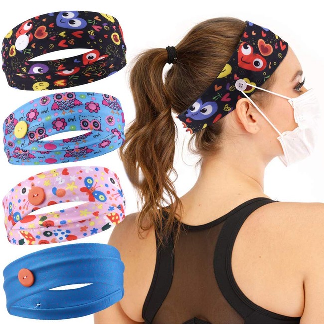 Brishow Button Headband Facemask Holder Wide Head Wrap Cotton Hairband Hair Accessory for Women and Girls Protect Ears with Hair Accessories(Pack of 4)
