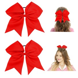 Red Cheer Bows for Cheerleaders,8 Inch Large Red Hair Bow,Big Bows for Girls Hair Bows,Cheerleading Bows,Ponytail Holders,Cheer Scrunchies,Red Hair Accessories,Softball Hair Ties with Bows 2 Pack