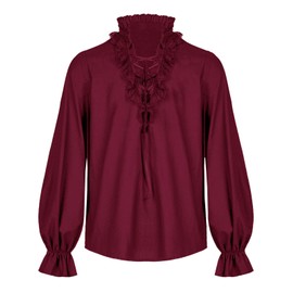 Runcati Mens Ruffle Pirate Shirts Lace Medieval Renaissance Vampire Poet Shirt Gothic Steampunk Victorian Costume Burgundy