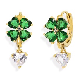 JeanBeau St Patricks Day Green Shamrock Clover Leaf Small Gold Hoop Huggie Earrings for Women, Cute Emerald Rhinestone Love Heart Drop Dangle Valentine Prom Jewelry Gift.