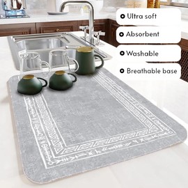 DEVBEST Dish Drying Mat - Ultra Absorbent Dish Drying Mats - Machine Washable and Super Fast Drying - Practical Solution for Efficiently Drying Dishes - 15,7 by 19,6 Inches (Gray Ethnic)