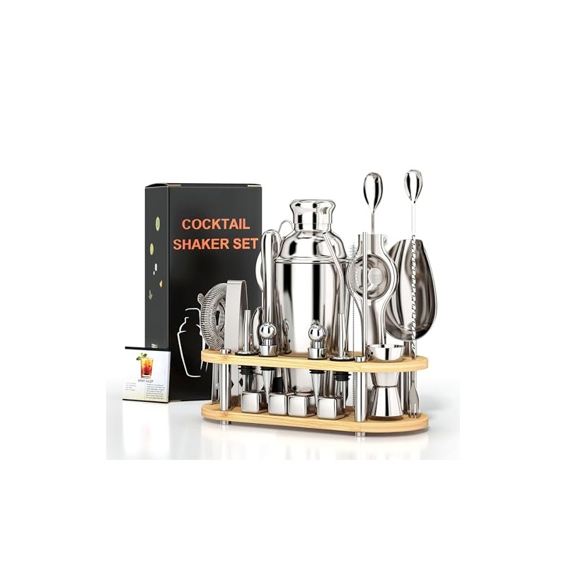 EffiQ-Rate 25pcs Stainless Steel Cocktail Shaker Set with Bamboo Stand