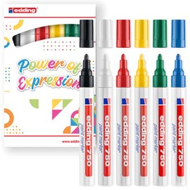 edding 750 gloss paint marker - basic colours - 6 paint markers - round tip 2-4 mm - paint pen for glass, pebbles, wood, plastic, paper - waterproof, high coverage