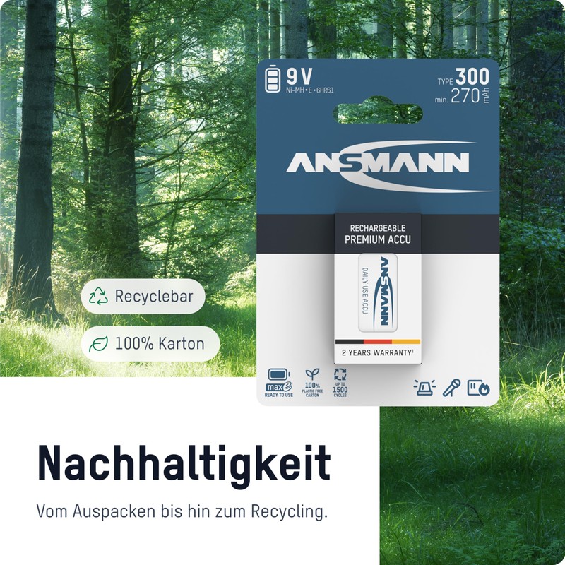 ANSMANN 9V Rechargeable Batteries 300mAh pre-Charged Low Self-Discharge NiMH 9