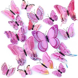 24PCS 3D Butterfly Wall Sticker Decor,3D Butterflies Stickers for Party Decorations with Magnets and Gum Removable and Reusable (Pink)