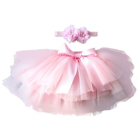 YONKINY Baby Tutu Skirt, Tulle Tutu Skirt with Matching Floral Headband for Birthday Photos, Baby Photography Props - Tulle skirt pink