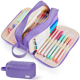 Sooez High Capacity Pencil Case, Soft Corduroy Pencil Pouch with 4 Compartments, Multiple Pockets, Large Pencil Bag with Sturdy Zipper, Cute Pencil Case Pouch Organizer for Student Teen Girls, Purple