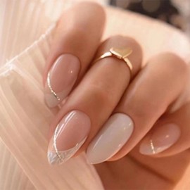 Nail Tip, Long Almond, 24 Pieces, Nail Tip, False Nail, Gradient, White Edge, Silver Wire, Heart, Diamond, Skin Color, 3D Nail Sticker, Popular, Japanese Style, Cute, Simple, Stylish Party, Nail Tip,
