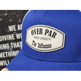 Golf Hat, Over Par Under Influence Cap, Adjustable Snapback, Breathable Mesh Back, Blue White