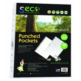 SECO A4 Multi Punched Pockets, Heavy Duty, 50 Micron Pack 50 - Filing