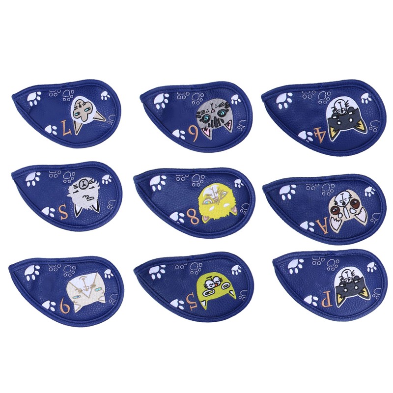 9PCS PU Leather Embroidery Waterproof Golf Putter Head Cover Iron