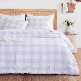 Wake In Cloud - Gingham Comforter Set, Plaid Buffalo Check Checkered Cottagecore Cute Geometric, Soft Lightweight Bedding, 3 Pieces, Light Purple, Twin/Twin XL Size