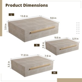 YHomU Modern Decorative Jewelry Storage Boxes, Set of 3 Stackable Organizers with Lids, Ivory, Wood with PU Leather Exterior, 9.85.92.8in, 11.87.93.3in, 13.89.83.9in