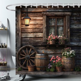 ZFMRZF Vintage Farmhouse Rustic Country Shower Curtain Rustic Country Old Wooden Wagon Wheel Flower Vintage Barn Board Chic Cabin Bathroom Polyester Curtains Set with Hooks 70x70 Inch