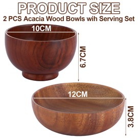 WOPPLXY Wooden Salad Bowl and Servers Set - 12CM 10CM Wood Serving Bowl Fruit Bowl with Servers Utensils Set - Round Wooden Serving Bowls for Salad, Fruits, Yogurt