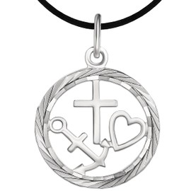 CLEVER SCHMUCK Women's Silver Pendant Medal Diameter 19 mm Faith Love Hope Open Inside with Edge Shiny Diamond Cut Sterling Silver 925 and Leather Cord in Jewellery Packaging, Sterling Silver