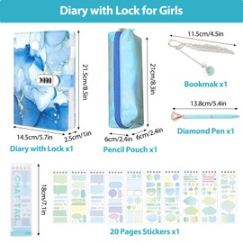 Diary with Lock for Girls, A5 PU Leather Journal Notebook with Lock Stickers Pencil Case, Secret Diary Gifts for Teen Girls 6-15 School, Password Locked Journals Blue Stationery Set for School Girls