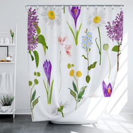 LIVETTY Floral Shower Curtain 180 x 180 cm Plants Bathroom Curtain Waterproof Polyester Fabric Bath Curtain with 12 Hooks Purple Boho Shower Curtains