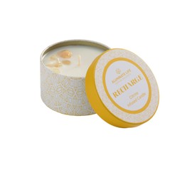 Aluminate Life Luxury Candle Tin, 6 OZ, Recharge - Citrine Crystal Infused - Scents of Lemongrass, Geranium, and Basil - Happiness, Manifestation, & Abundance - Coconut Wax, Essential Oils