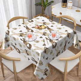 AEIOAE Easter Day Tablecloth 60x60 Inch Square, Brown Bunny Table Cloth, Eggs Love Heart Tablecloths Polyester Fabric Farmhouse Decorative for Spring Home Kitchen Dining Party