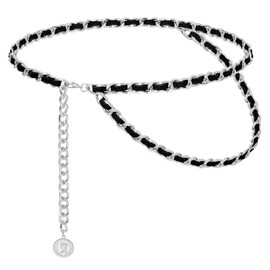 Liutufy Women's Chain Belts Fashion Layered Flocking Cloth Belts Metal Waist Chain for Dress Vest Jeans (2 Silver Black L)