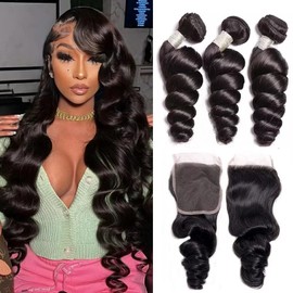 Ralisa Brazilian Loose Wave Bundles with Closure - Human Hair, Deep Wave Style, 10A Color, 4x4 Closure