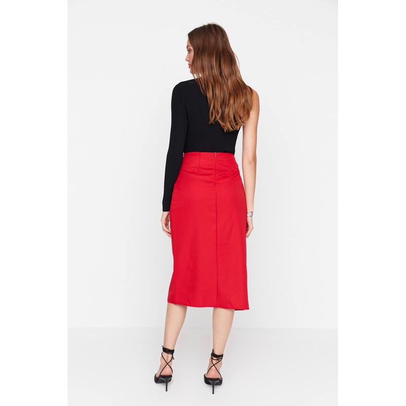 TRENDYOL Women's Midi Asymmetric Pencil Skirt, Woven Fabric Skirt, red