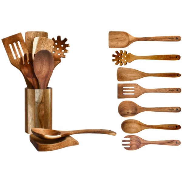 NAZANIN 9-Piece Natural Acacia Wood Kitchen Utensil Set with Holder