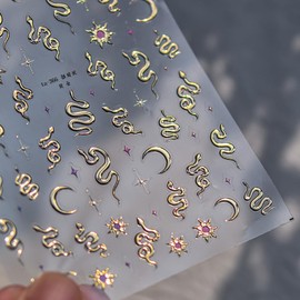 Gold Snake Nail Art Stickers Gold Nail Stickers 5D Embossed Star Moon Sun Nail Decals Self-Adhesive Nail Decal for Women Girls Acrylic Nails Manicure DIY Nail Supplies