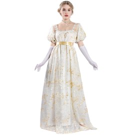 Fiamll Women's Empire Waist Dress Regency Ball Gown Dresses for Women Cottagecore Renaissance Costume with Gloves, gold